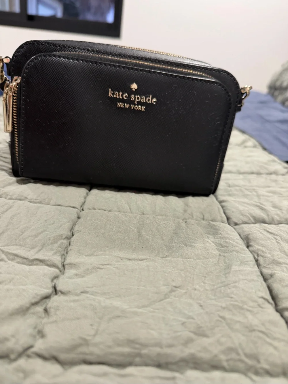 kate spade black leather double-zip crossbody with gold hardware